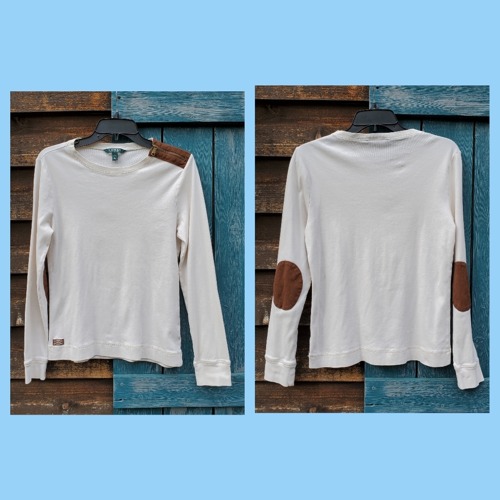 Ralph Lauren LRL Womens Top Faux Suede Elbow Patches Scoop Neck Ivory L